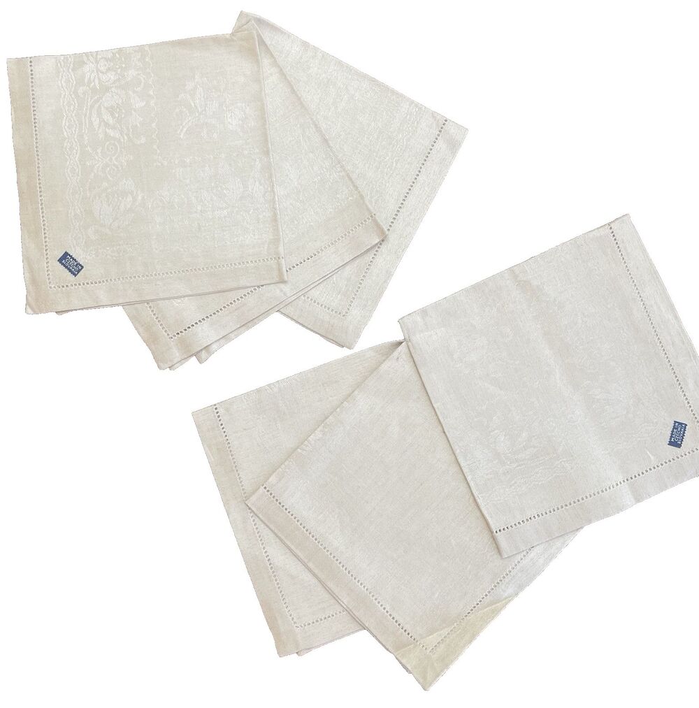 VTG Set 6 Table Napkins 100% Linen Beige Damask Czechoslovakia New